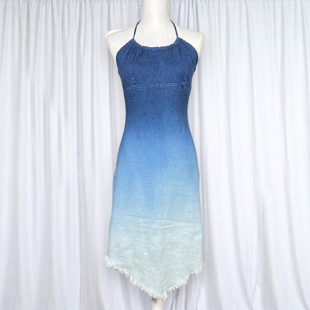 Vintage Y2K 90s Venus Denim Ombre Halter Dress Asymetrical Hem